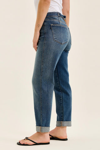 Judy Blue Mid Rise Adjustable Back Tab Hollywood Waist Boyfriend Denim Jeans 82731