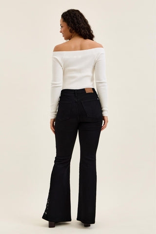 Judy Blue Mid Rise Jaqueline Black Lace Flare Denim Jeans 881177 - 3 Inseam Options