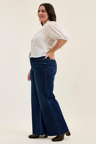 Judy Blue High Waist Adjustable Waistband Tabs Raw Hem Retro Wide Leg Denim Jeans 881114