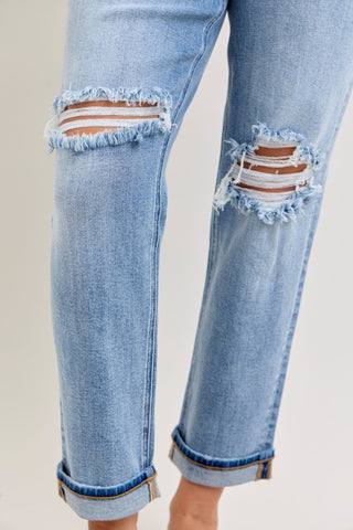 Judy Blue Mid Rise Destroyed Cuffed Boyfriend Denim Jeans 82688