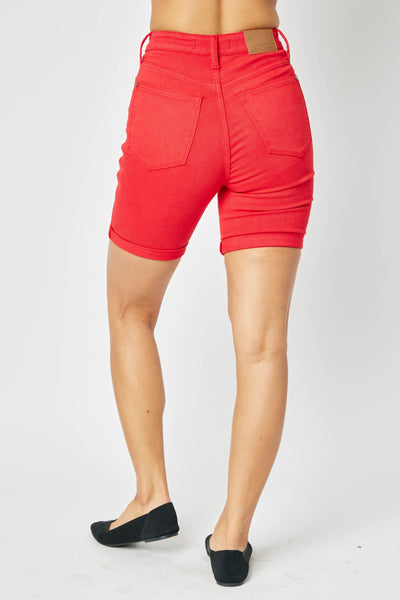 Judy Blue High Waist Garment Dyed Tummy Control Red Bermuda Denim Short 150279-Shorts-Sunshine and Wine Boutique
