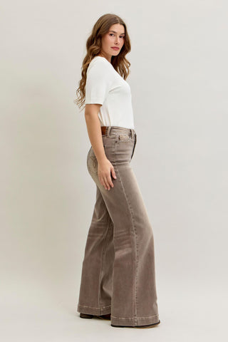 Judy Blue High Waist Retro Yarn Dyed Clay Criss-Cross Waistband Wide Leg Denim Jeans 881031