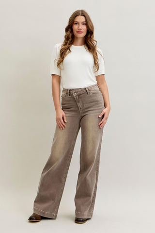 Judy Blue High Waist Retro Yarn Dyed Clay Criss-Cross Waistband Wide Leg Denim Jeans 881031