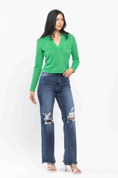 Judy Blue High Waist 90's Knee Destroy Straight Denim 82592-Jeans-Sunshine and Wine Boutique