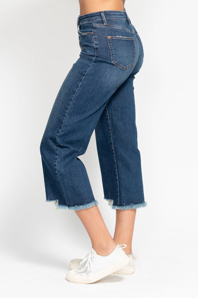 Judy Blue High Waist Button Fly Destroy Wide Leg Crop Denim Jeans 88887-Jeans-Sunshine and Wine Boutique