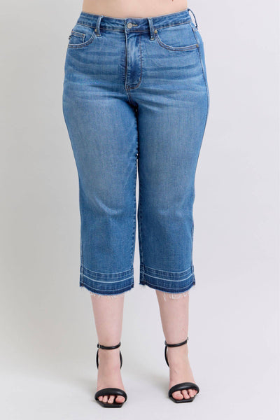 Judy Blue High Waist Tummy Control Release Hem Crop Wide Leg Denim Jeans 88875-Jeans-Sunshine and Wine Boutique