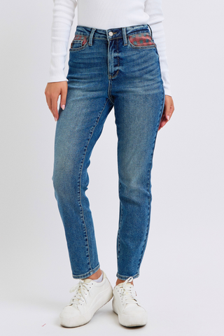 Judy Blue High Waist Plaid Patch Slim Denim Jeans 88868