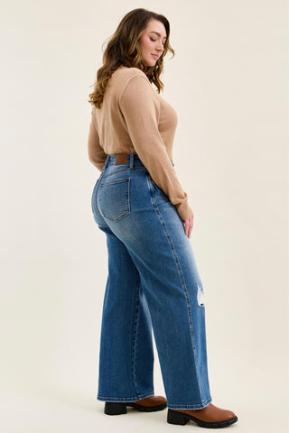 Judy Blue High Waist Tummy Control Leopard Waistband Lux Retro Wide Leg Denim Jeans 881192