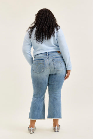 Judy Blue Mid Rise Frayed Hem Kick Flare Denim Jeans 82721