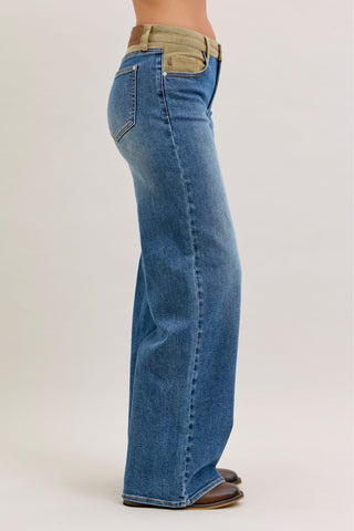 Judy Blue Mid Rise Corduroy Waist Column Straight Denim Jeans 881054