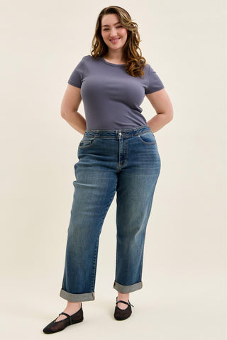 Judy Blue Mid Rise Adjustable Back Tab Hollywood Waist Boyfriend Denim Jeans 82731
