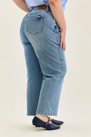 Judy Blue Mid Rise Tummy Control Vintage Wash Straight Denim Jeans 88943 - Petite