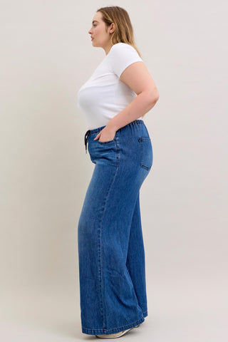 Judy Blue High Waist Featherweight Elastic Waistband Drawstring Palazzo Denim Jeans 881047