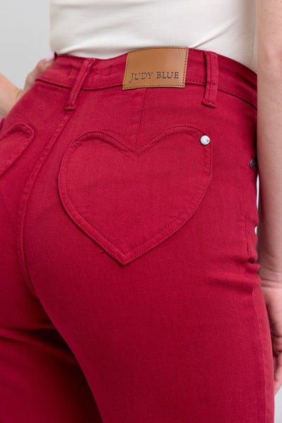 Judy Blue High Waist Garment Dyed Scarlet Heart Shaped Back Pockets 90's Straight Denim Jeans 88917-Jeans-Sunshine and Wine Boutique