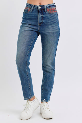 Judy Blue High Waist Plaid Patch Slim Denim Jeans 88868