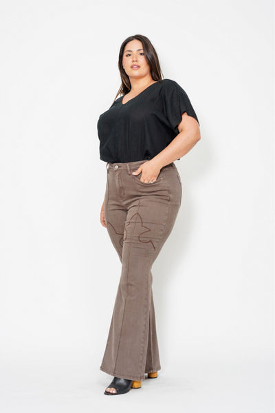 Judy Blue High Waist Garment Dyed Knee Seam Detail & Shield Pockets Flare Denim 88846-Jeans-Sunshine and Wine Boutique