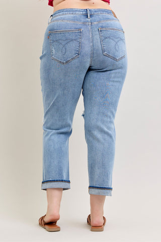 Judy Blue Mid Rise Destroyed Cuffed Boyfriend Denim Jeans 82688