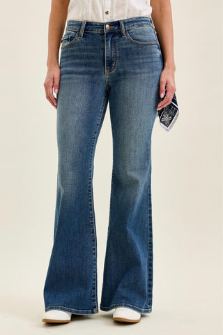 Judy Blue Mid Rise Triple Needle Pockets & Bandana Loop Jaqueline Flare Denim Jeans 82726