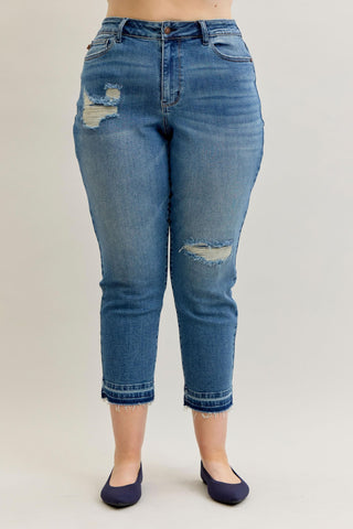 Judy Blue Mid Rise Patch & Repair Destroy Release Hem Boyfriend Denim Jeans 881045