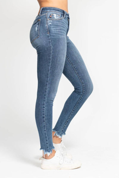 Judy Blue High Waist Destroy & Shark Bite Hem Skinny Denim Jeans 82491-Jeans-Sunshine and Wine Boutique