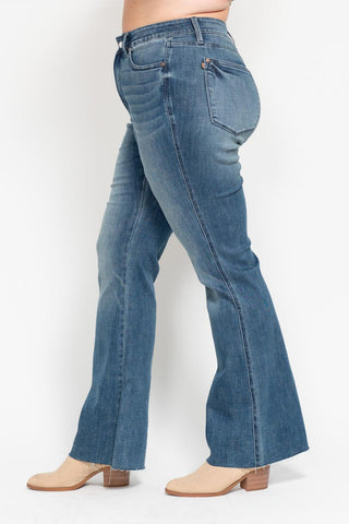 Judy Blue Mid Rise Tummy Control Vintage Wash Cut Hem Flare Denim Jeans 88472