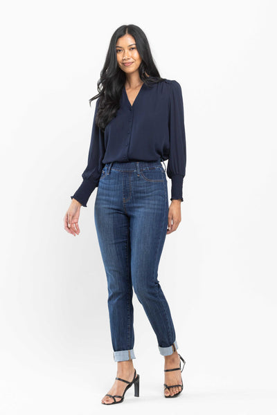 Judy Blue High Waist Pull On Double Cuff Slim Denim 88750-Jeans-Sunshine and Wine Boutique