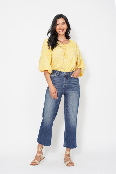 Judy Blue High Waist Back Pocket Embroidery Crop Wide Leg Denim 88873-Jeans-Sunshine and Wine Boutique