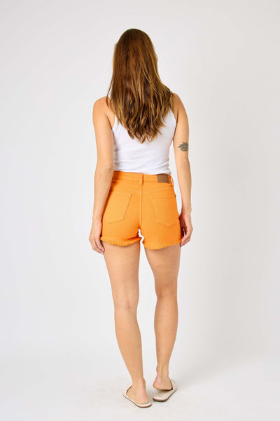 Judy Blue Mid Rise Garment Dyed Orange Fray Hem Denim Short 150288-Shorts-Sunshine and Wine Boutique