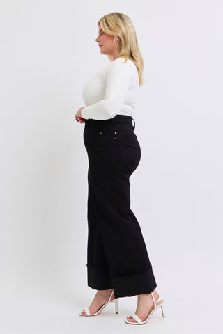 Judy Blue High Waist Retro Wide Leg Black Cuffed Denim Jeans 82617