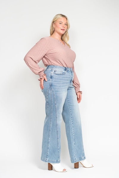 Judy Blue High Waist Side Seam Insert Detail Retro Wide Leg Denim 88766-Jeans-Sunshine and Wine Boutique