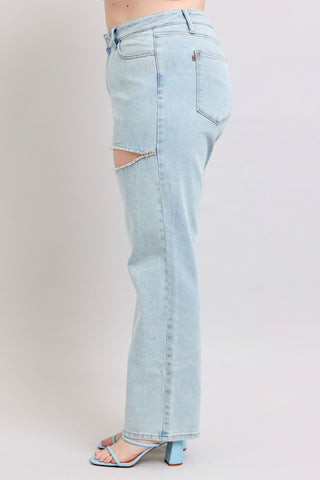 Judy Blue High Waist Rigid Magic Rhinestone Slits Detail Straight Denim Jeans 88954