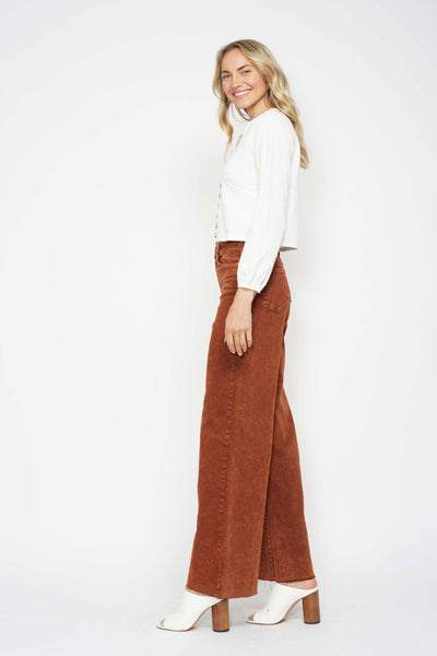 Judy Blue High Waist Garment Dyed Pumpkin Spice Raw Hem Retro Wide Leg Denim 88888-Jeans-Sunshine and Wine Boutique