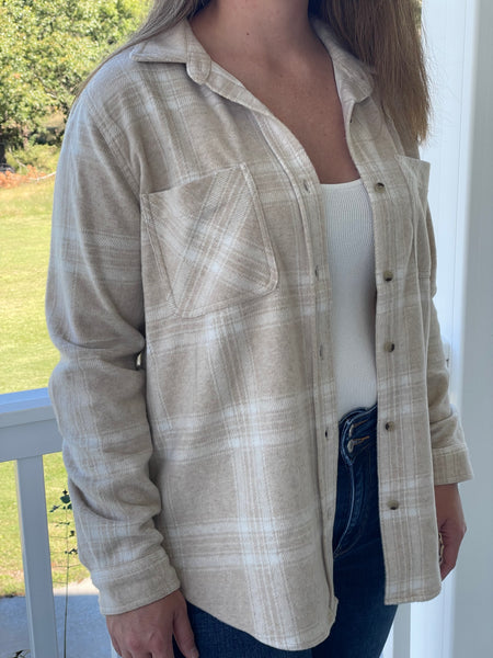 Beach Lunch Lounge “Sally” Plaid Button Up Flannel, Cream-Shirts & Tops-Sunshine and Wine Boutique