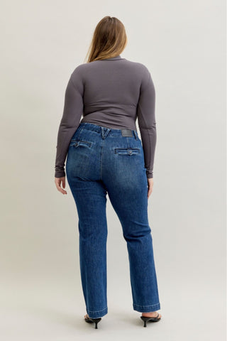 Judy Blue Mid Rise Tummy Control Trouser Welt Pockets Bootcut Denim Jeans 881052