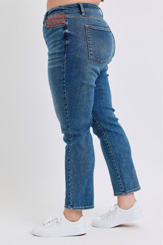 Judy Blue High Waist Plaid Patch Slim Denim Jeans 88868
