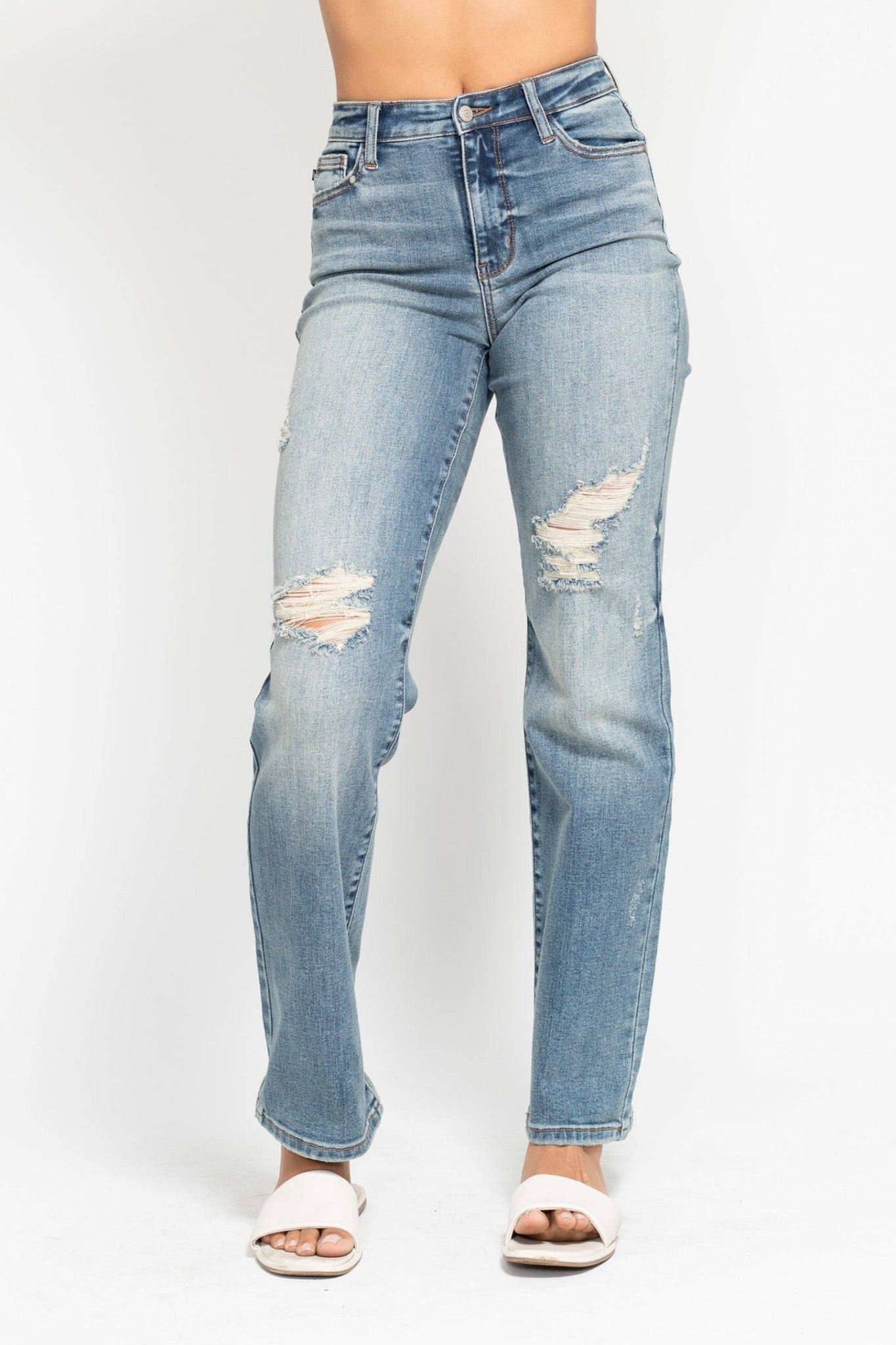 Judy Blue High Waist Harsh Tint & Destroy Straight Dad Denim Jeans 82641-Jeans-Sunshine and Wine Boutique