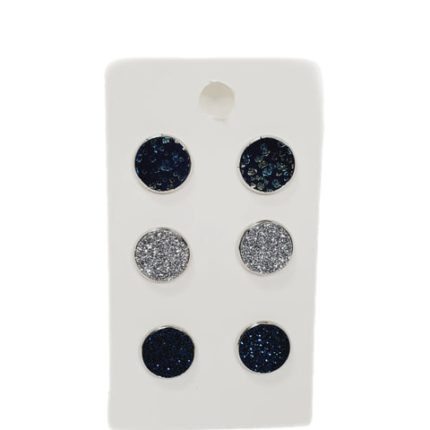 Blue and Silver Leather Studs | Set of 3-Earrings-Sunshine and Wine Boutique