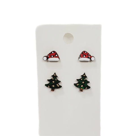 Christmas Wood Studs | Set of 2 Classic-Earrings-Sunshine and Wine Boutique