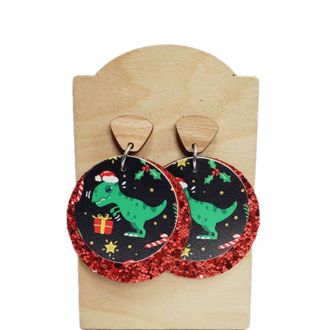 Christmas Dinosaur Earrings-Earrings-Sunshine and Wine Boutique
