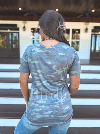 Birdie Soft Style V Neck Pocket Tee in Army Camo