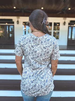 Birdie Soft Style V Neck Pocket Tee in Duck Camo