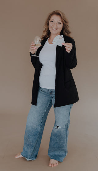 Blue B Stretch Knit Open Pocket Front Boyfriend Blazer, Black