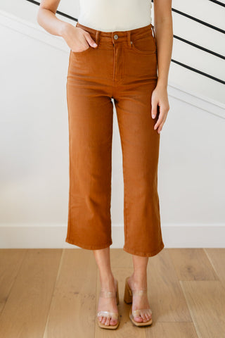 Judy Blue Briar High Rise Control Top Wide Leg Crop Jeans in Camel - Exclusive