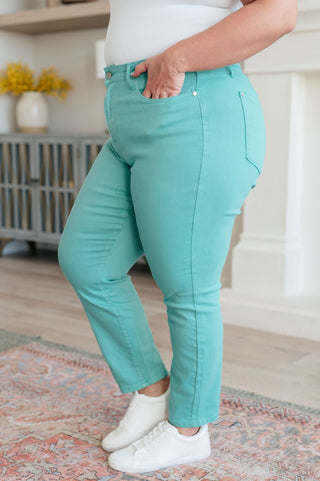 Judy Blue Bridgette High Rise Garment Dyed Slim Jeans in Aquamarine - Exclusive