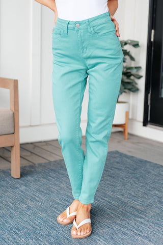Judy Blue Bridgette High Rise Garment Dyed Slim Jeans in Aquamarine - Exclusive