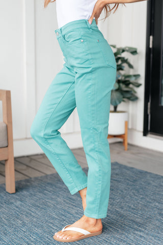 Judy Blue Bridgette High Rise Garment Dyed Slim Jeans in Aquamarine - Exclusive