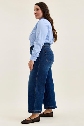 Judy Blue High Waist Tummy Control Deep Indigo Claudia Ankle Wide Leg Denim Jeans 881187