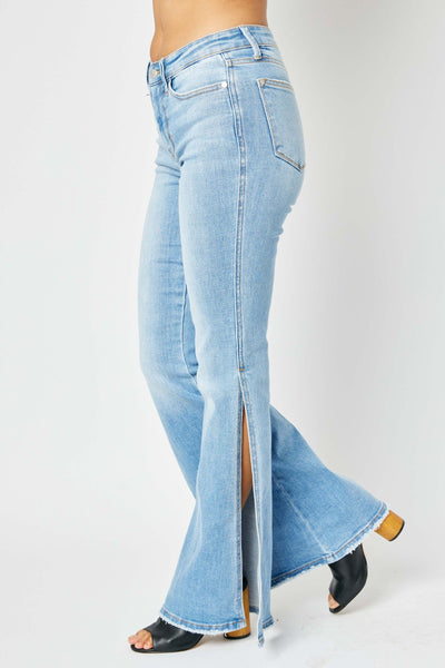 Judy Blue Mid Rise Peek-a-Boot Hem Slit Flare Jeans 82601 - Exclusive-Sunshine and Wine Boutique