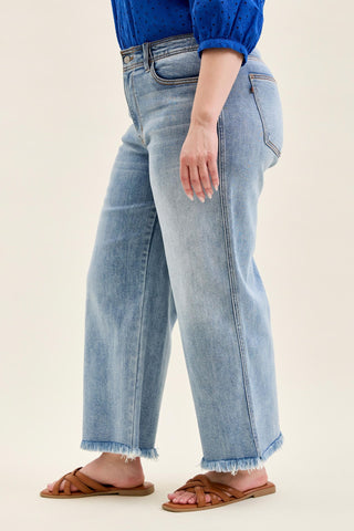 Judy Blue Mid Rise Hollywood Fray Hem Wide Leg Denim Jeans 82728
