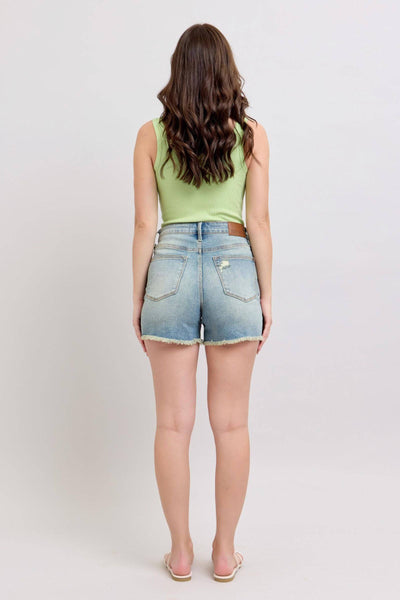 Judy Blue High Waist Vintage Wash Fly Stitch Detail & Destroy Denim Short 150323-Shorts-Sunshine and Wine Boutique